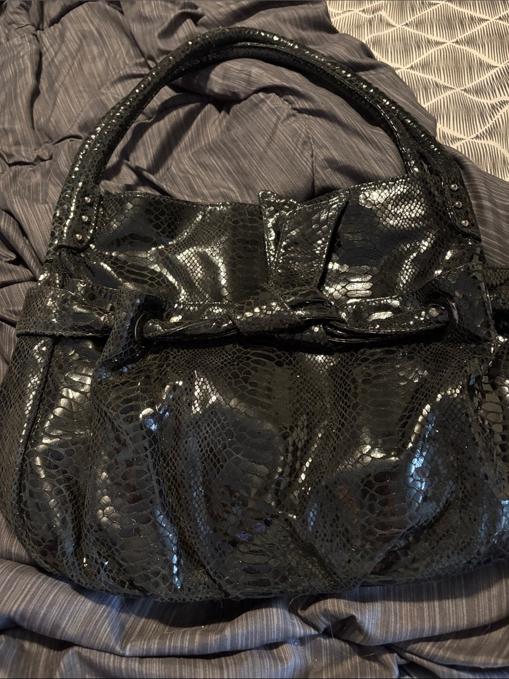 Perlina Black Patent Snake-Embossed Shoulder Bag
